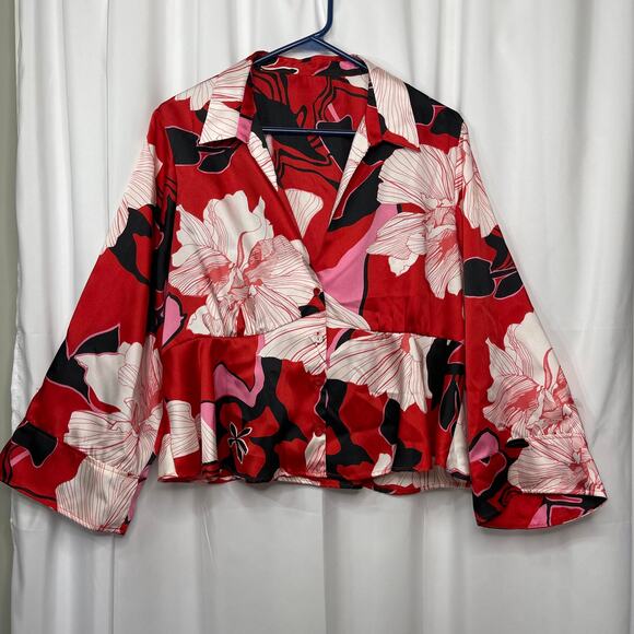 Red floral blouse women's size large pink red and cream satin work wear - Picture 8 of 14